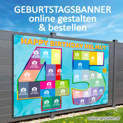 45er Banner Geburtstag Fotozahl Fotocollage Transparent Folie Plakat selber machen, online gestalten, express, 45 Geburtstag
