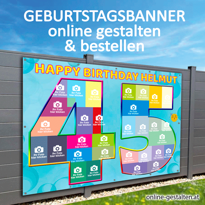 45er Banner Geburtstag Fotozahl Fotocollage Transparent Folie Plakat selber machen, online gestalten, express, 45 Geburtstag