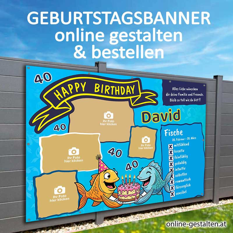 Geburtstagsbanner selbst gestalten mit Fotos Sternzeichen Fische gratis Versand